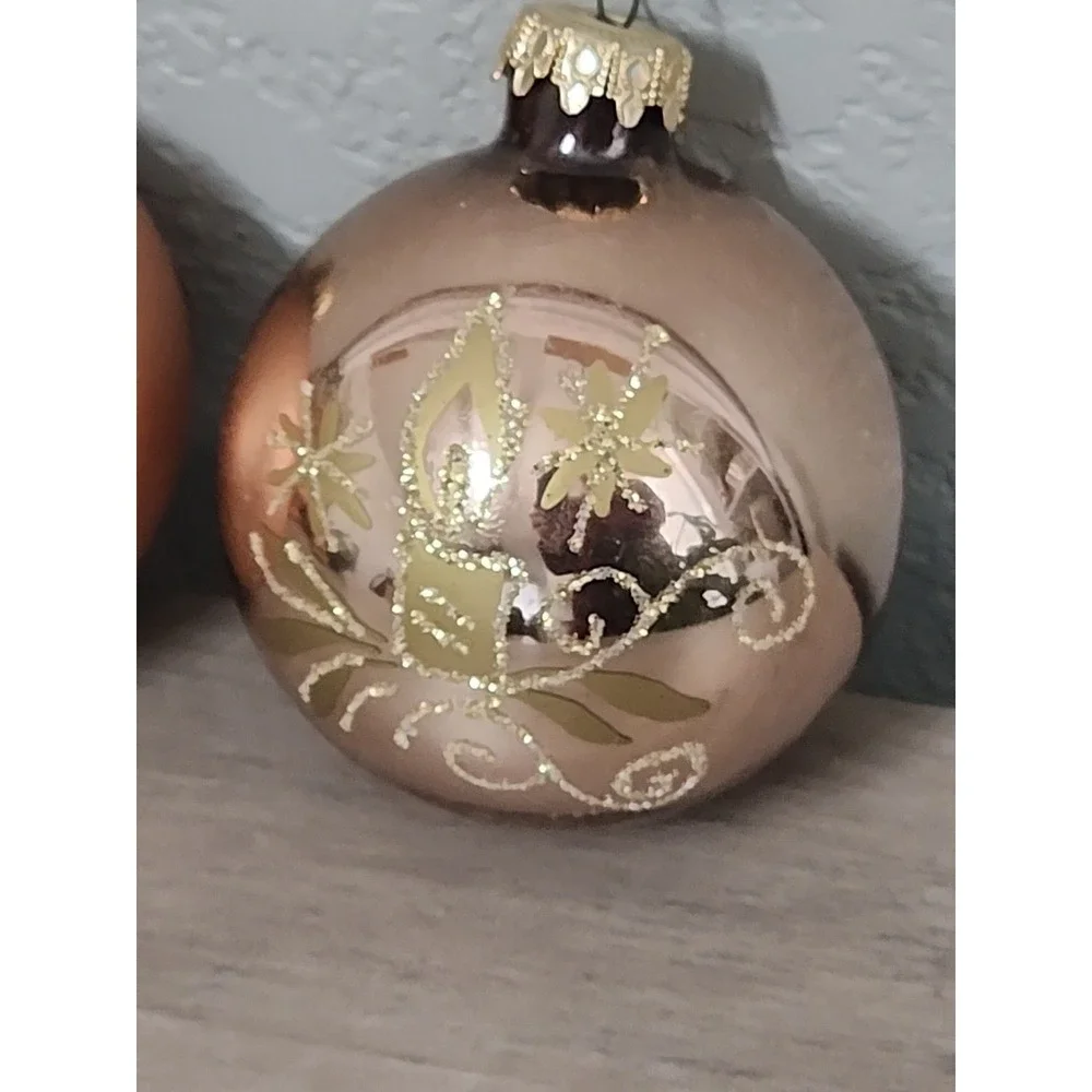 Vtg 2 Christmas Ornaments Mercury Glass‎ Stencil Ball Rose Gold Bauble Germany